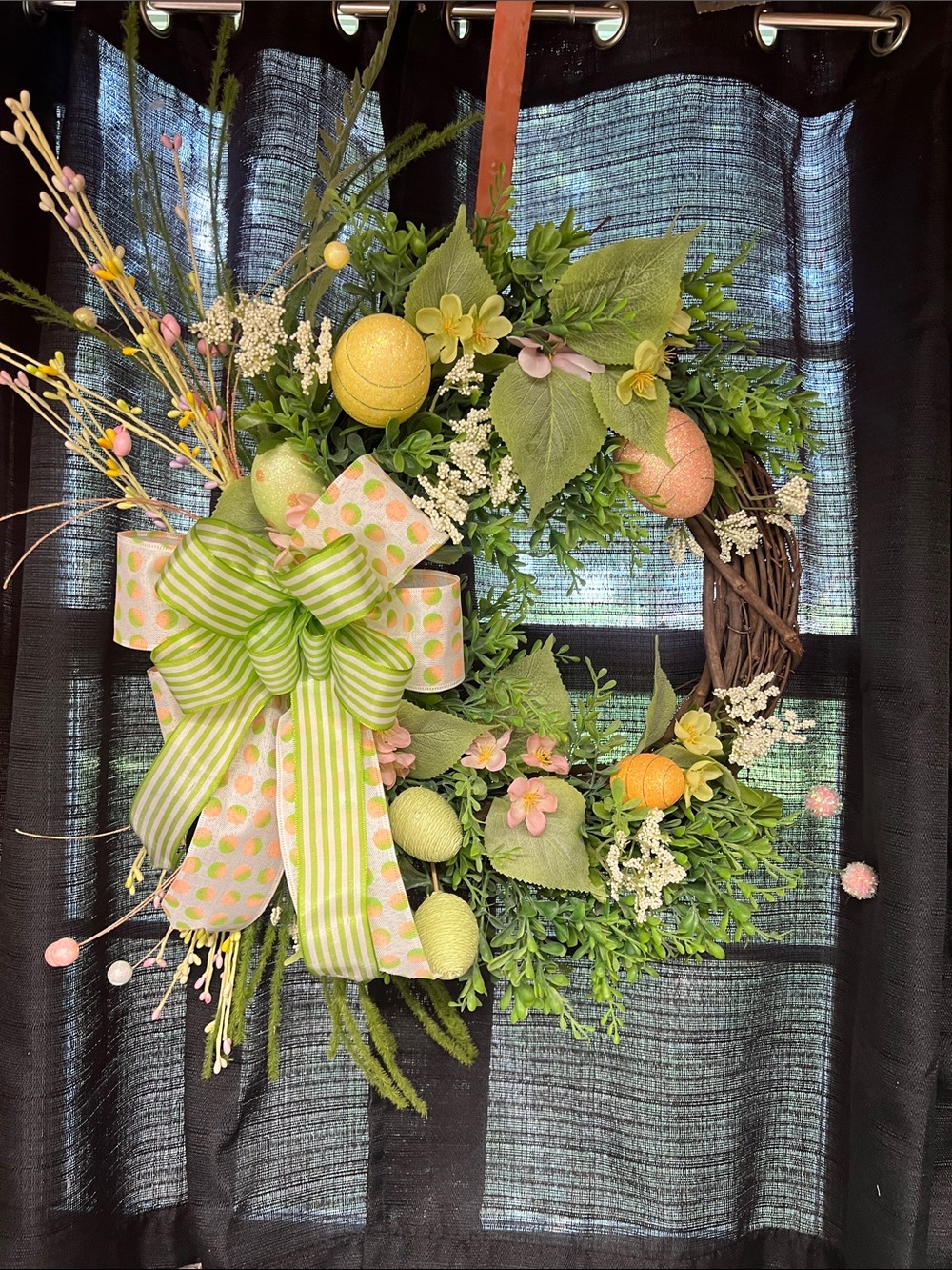 Spring Boxwood Wreath with Pastel Eggs and Green Bow